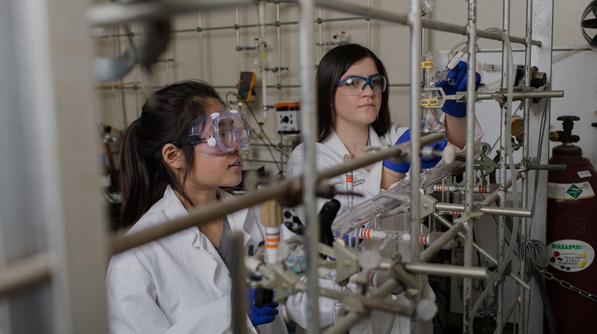 Grace Chong和Cecilia Eiroa在化学实验室工作